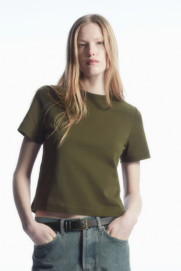 COS Waisted Mock-Neck T-Shirt in BEIGE